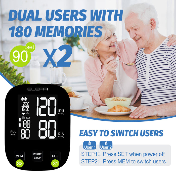 ELERA Blood Pressure Monitors for Home Use, Automatic Upper Arm Blood Pressure Monitor with Large Cuff Large Backlit Display, USB Cable & Batteries Included-6976892099801