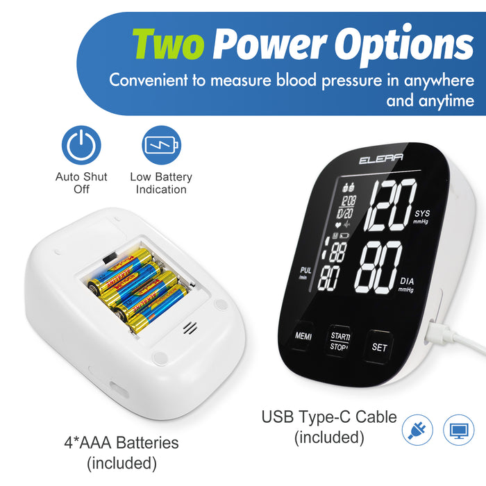 ELERA Blood Pressure Monitors for Home Use, Automatic Upper Arm Blood Pressure Monitor with Large Cuff Large Backlit Display, USB Cable & Batteries Included-6976892099801