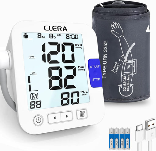 ELERA Blood Pressure Monitor with Two Cuffs - Extra Large Cuff 13-21" and Standard 9-14" Sphygmomanometers, Accurate Automatic BP Machine with Large Screen, USB Cable and 4 AAA Batteries - Ideal for Home Use