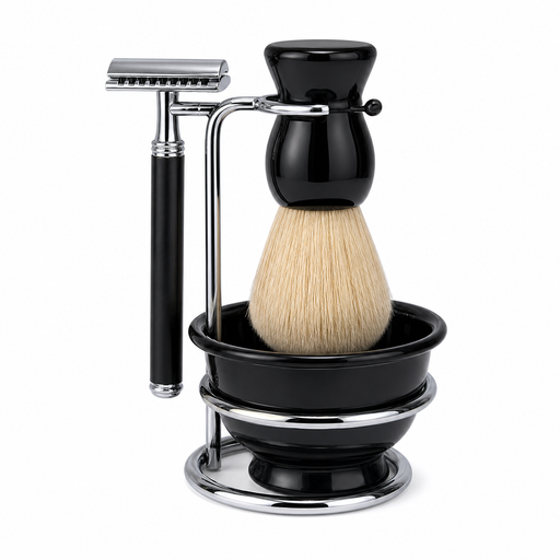 4-Piece Wet Shaving Kit for Men – Safety Razor with 5 Replacement Blades, Shaving Brush, Plastic Lathering Bowl & Razor Stand – Complete Beard Grooming Set - 剃须刷-Shaving brushes (5)_ai_1200_white.png