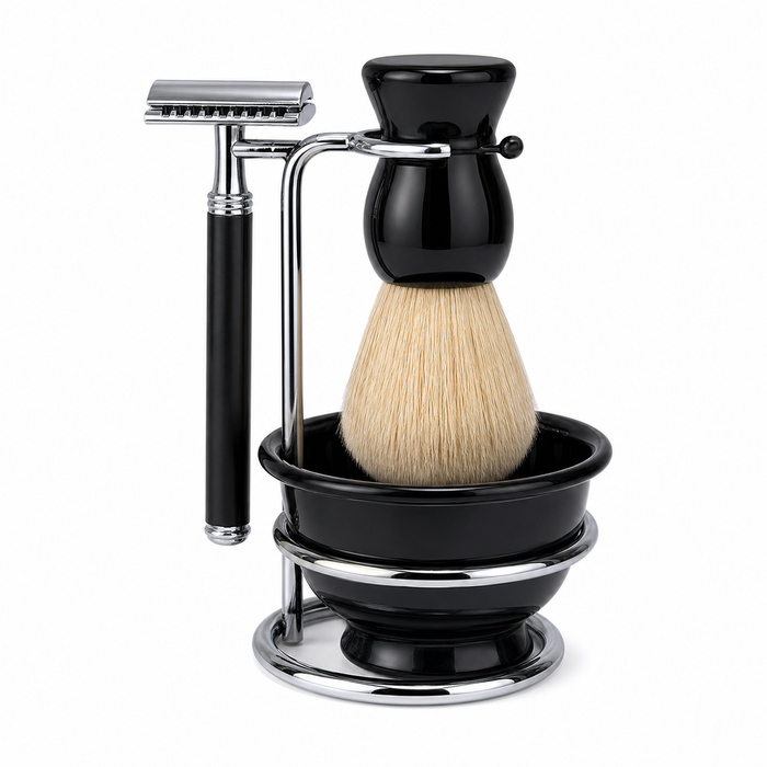 4-Piece Wet Shaving Kit for Men – Safety Razor with 5 Replacement Blades, Shaving Brush, Plastic Lathering Bowl & Razor Stand – Complete Beard Grooming Set - 剃须刷-Shaving brushes (5)_ai_1200_white.png