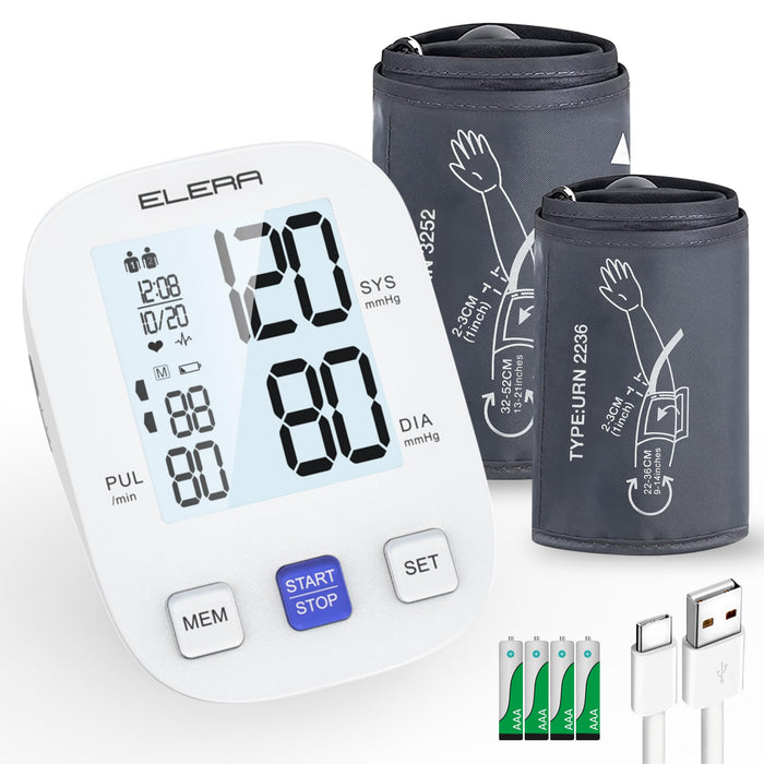 ELERA Blood Pressure Monitor with Two Cuffs - Extra Large Cuff 13-21" and Standard 9-14", Accurate Automatic BP Machine with Large Screen, USB Cable and 4 AAA Batteries - Ideal for Home Use
