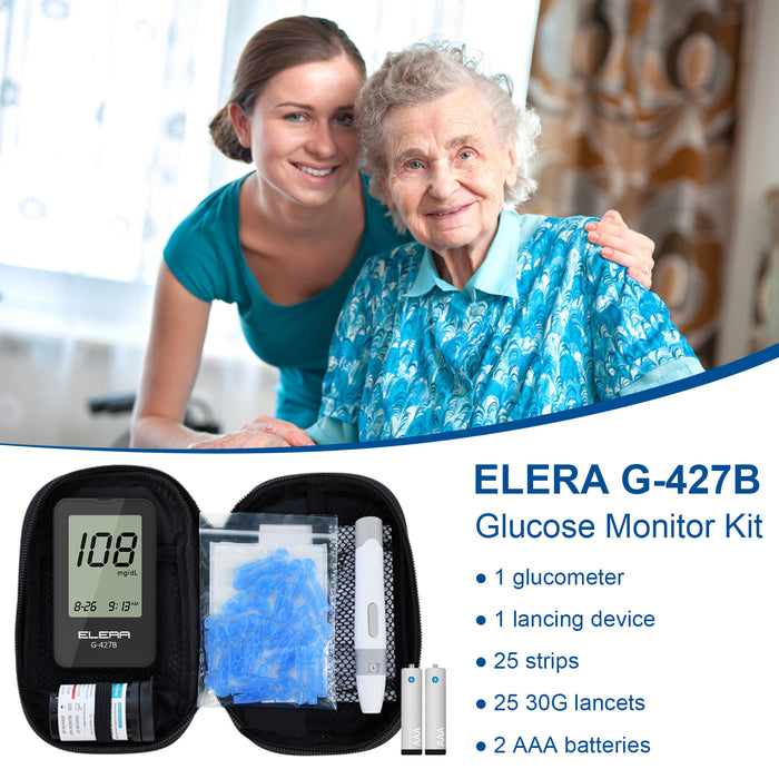 Elera Blood Glucose Monitor Kit, Code-Free Diabetes Testing, Glucometer  Machine with 25 Test Strips, 25 Lancets, and Storage Bag - Accurate Blood  Sugar Level Checker for Home and Travel MG
