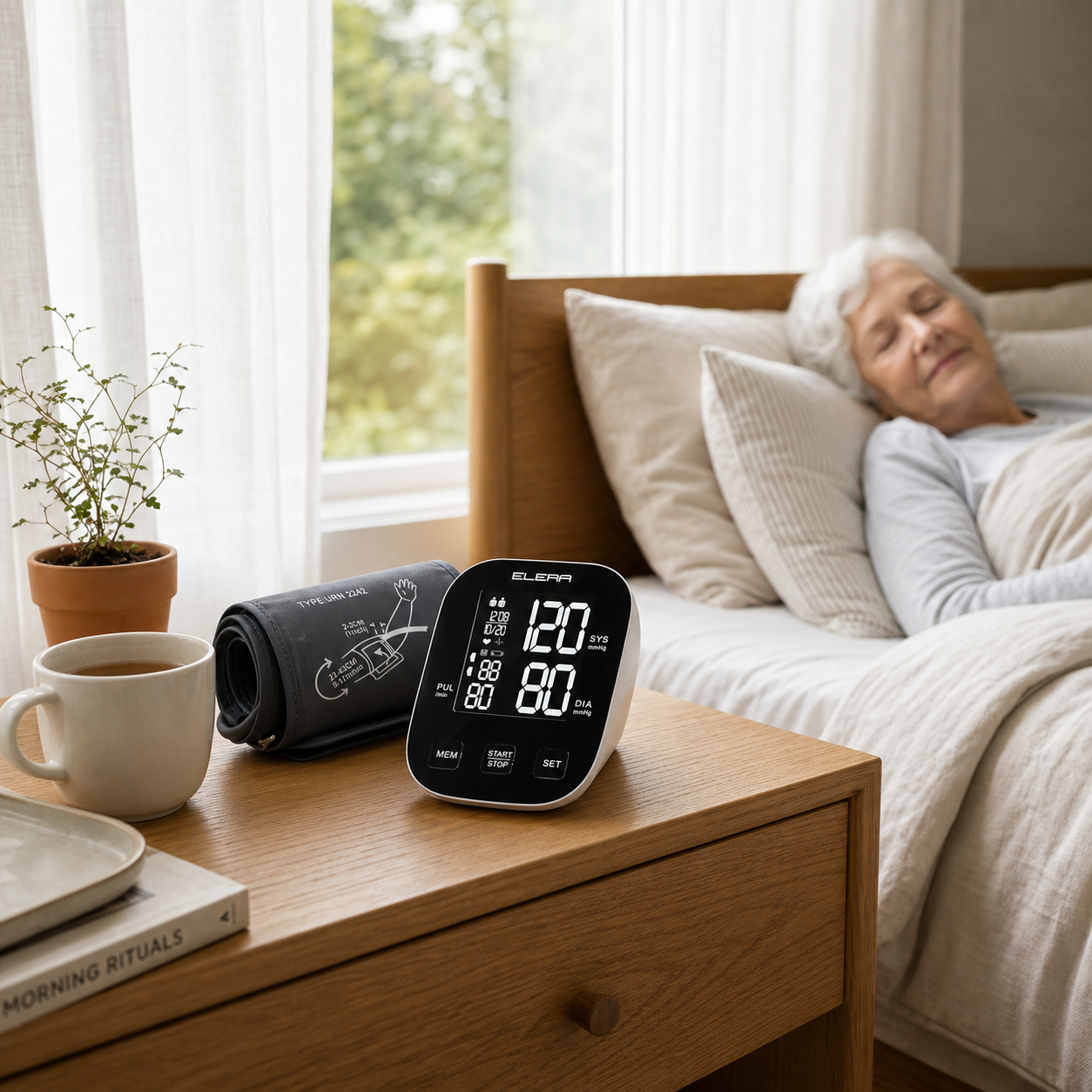 ELERA Blood Pressure Monitor on a bedroom nightstand